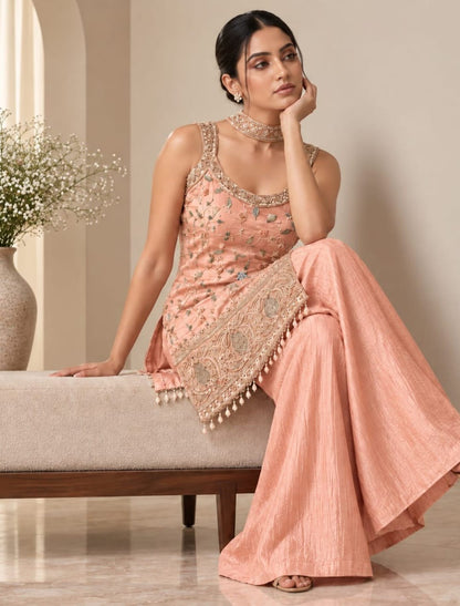 Floral Embroidered Kurti Palazzo Set with Choker Chunni ✨