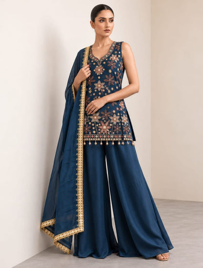 Floral Embroidered A-Line Kurti Palazzo Set