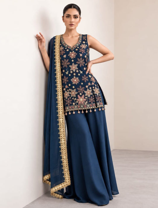 Floral Embroidered A-Line Kurti Palazzo Set