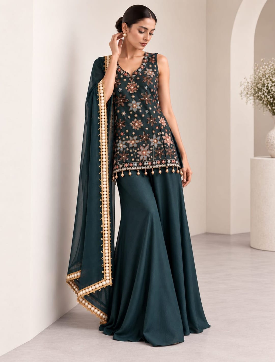 Floral Embroidered A-Line Kurti Palazzo Set