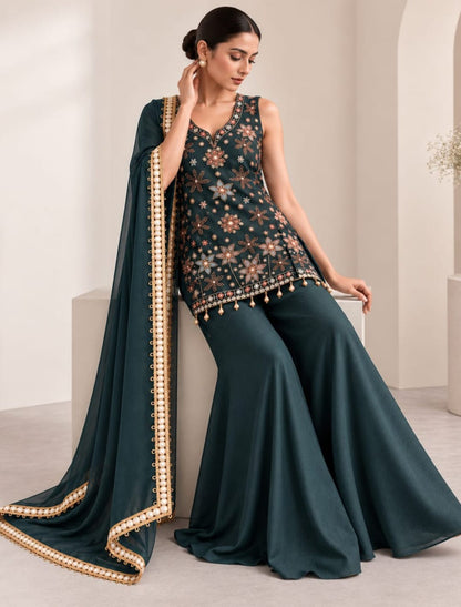 Floral Embroidered A-Line Kurti Palazzo Set