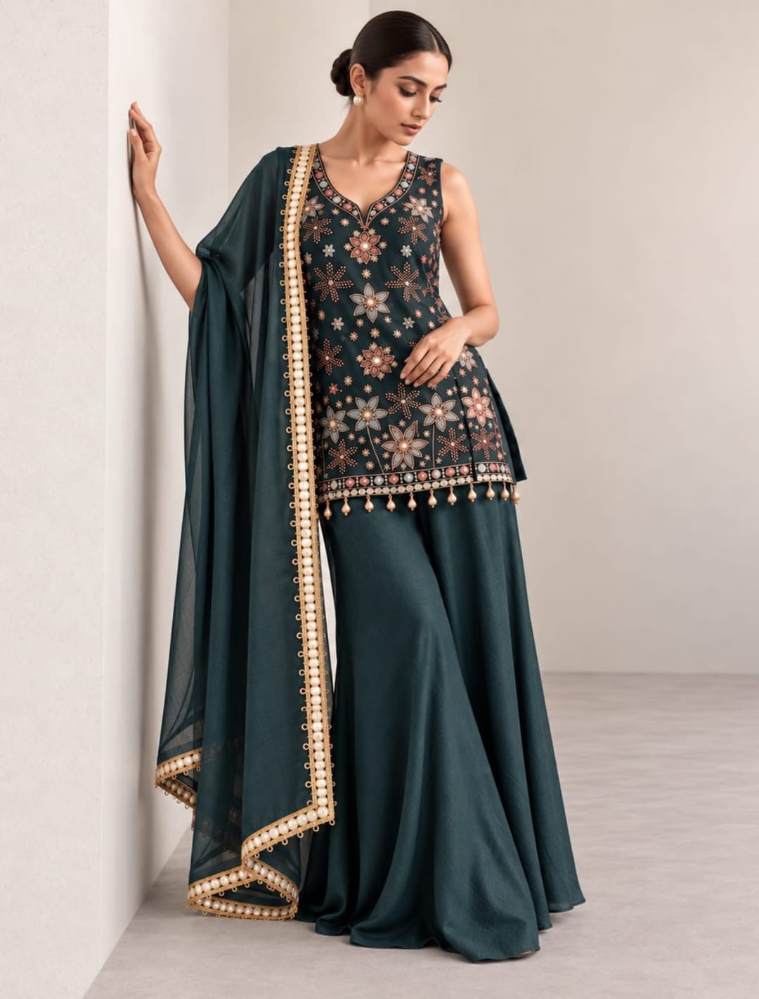 Floral Embroidered A-Line Kurti Palazzo Set