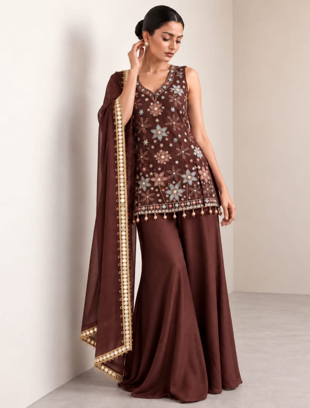 Floral Embroidered A-Line Kurti Palazzo Set