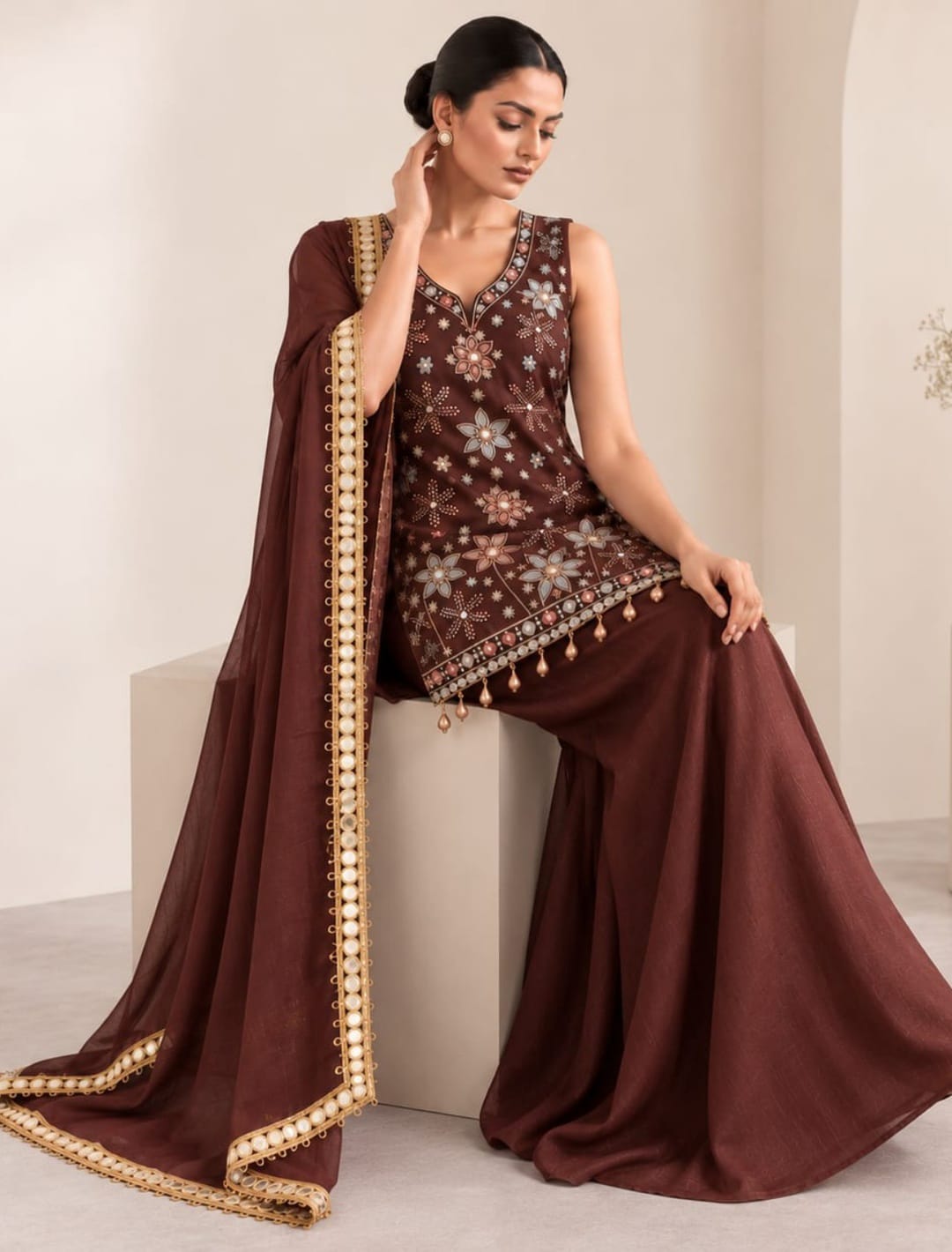 Floral Embroidered A-Line Kurti Palazzo Set
