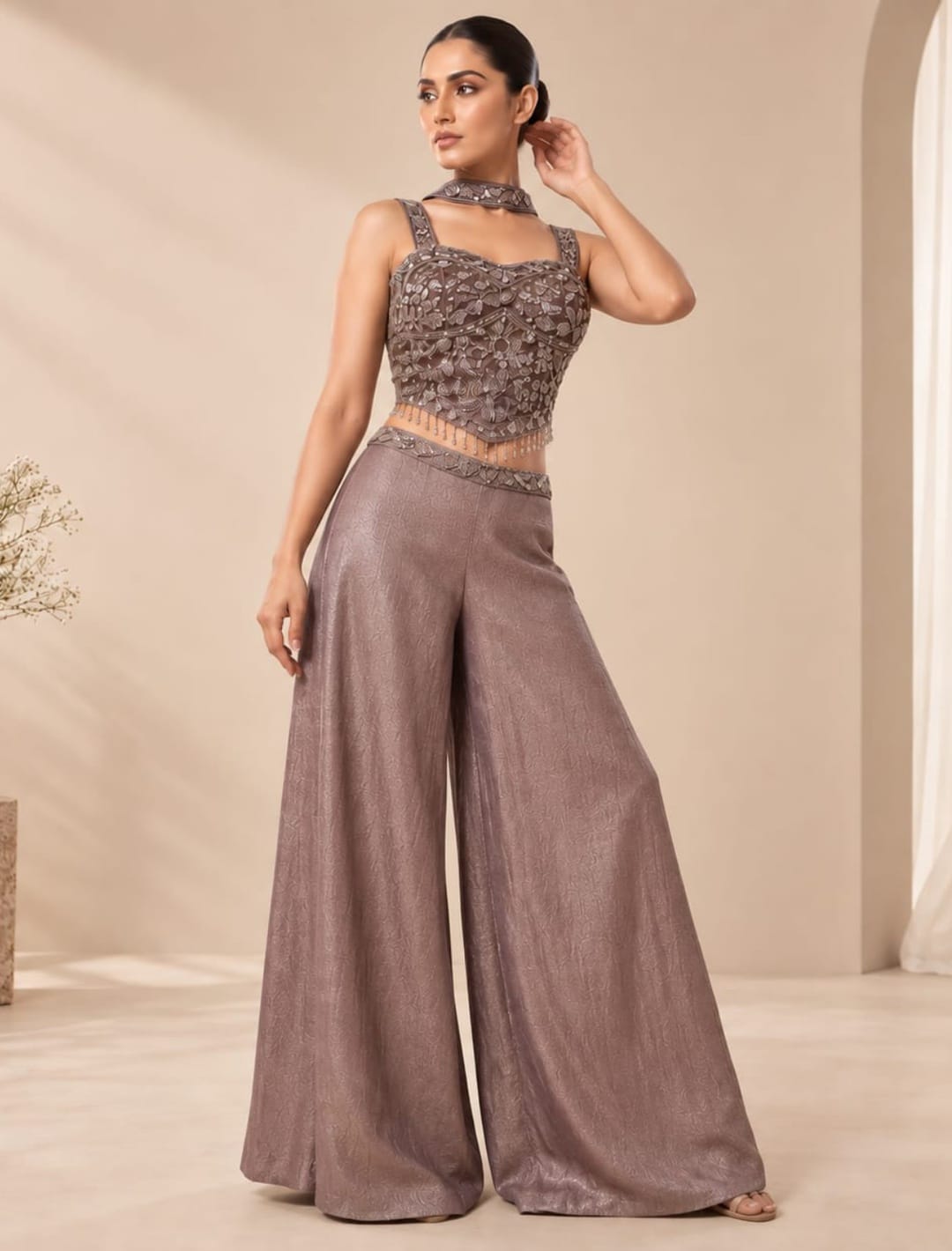 Embellished Crop Top Palazzo Set with Choker Drape