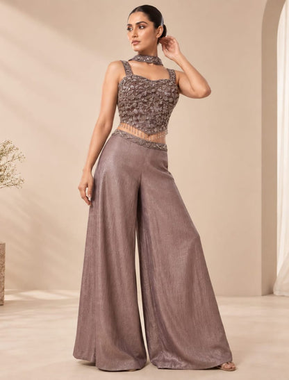 Embellished Crop Top Palazzo Set with Choker Drape