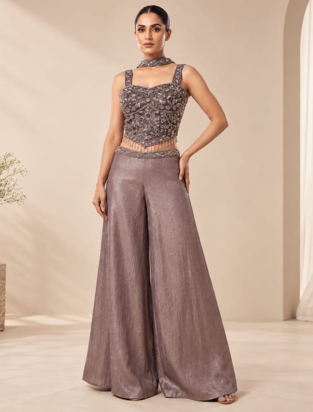 Embellished Crop Top Palazzo Set with Choker Drape
