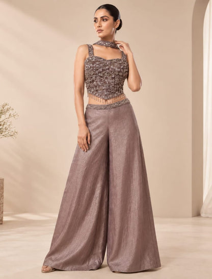 Embellished Crop Top Palazzo Set with Choker Drape