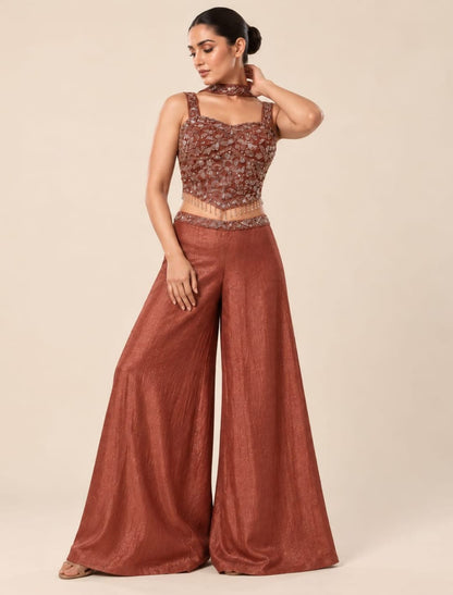 Embellished Crop Top Palazzo Set with Choker Drape