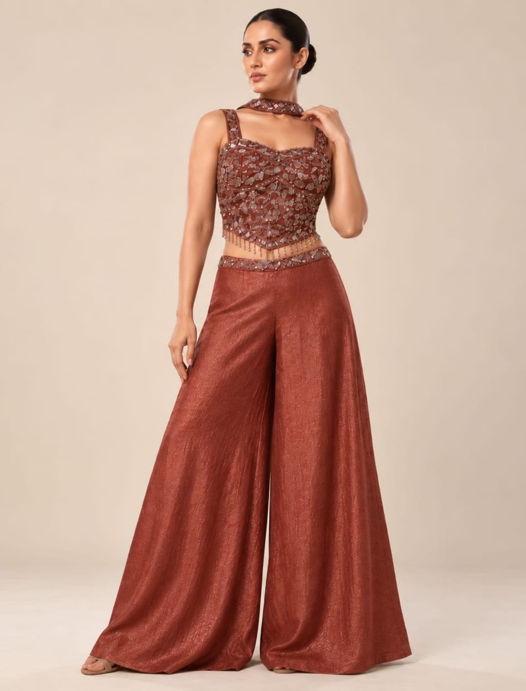 Embellished Crop Top Palazzo Set with Choker Drape