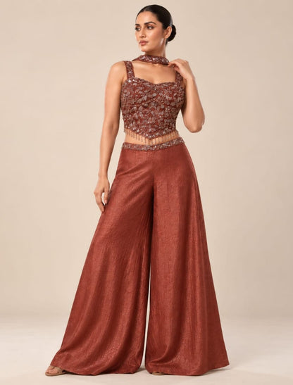 Embellished Crop Top Palazzo Set with Choker Drape