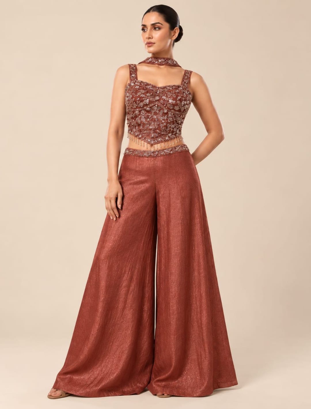 Embellished Crop Top Palazzo Set with Choker Drape