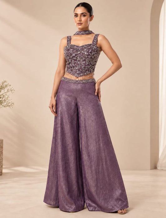Embellished Crop Top Palazzo Set with Choker Drape