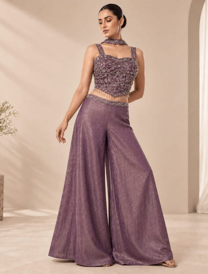 Embellished Crop Top Palazzo Set with Choker Drape