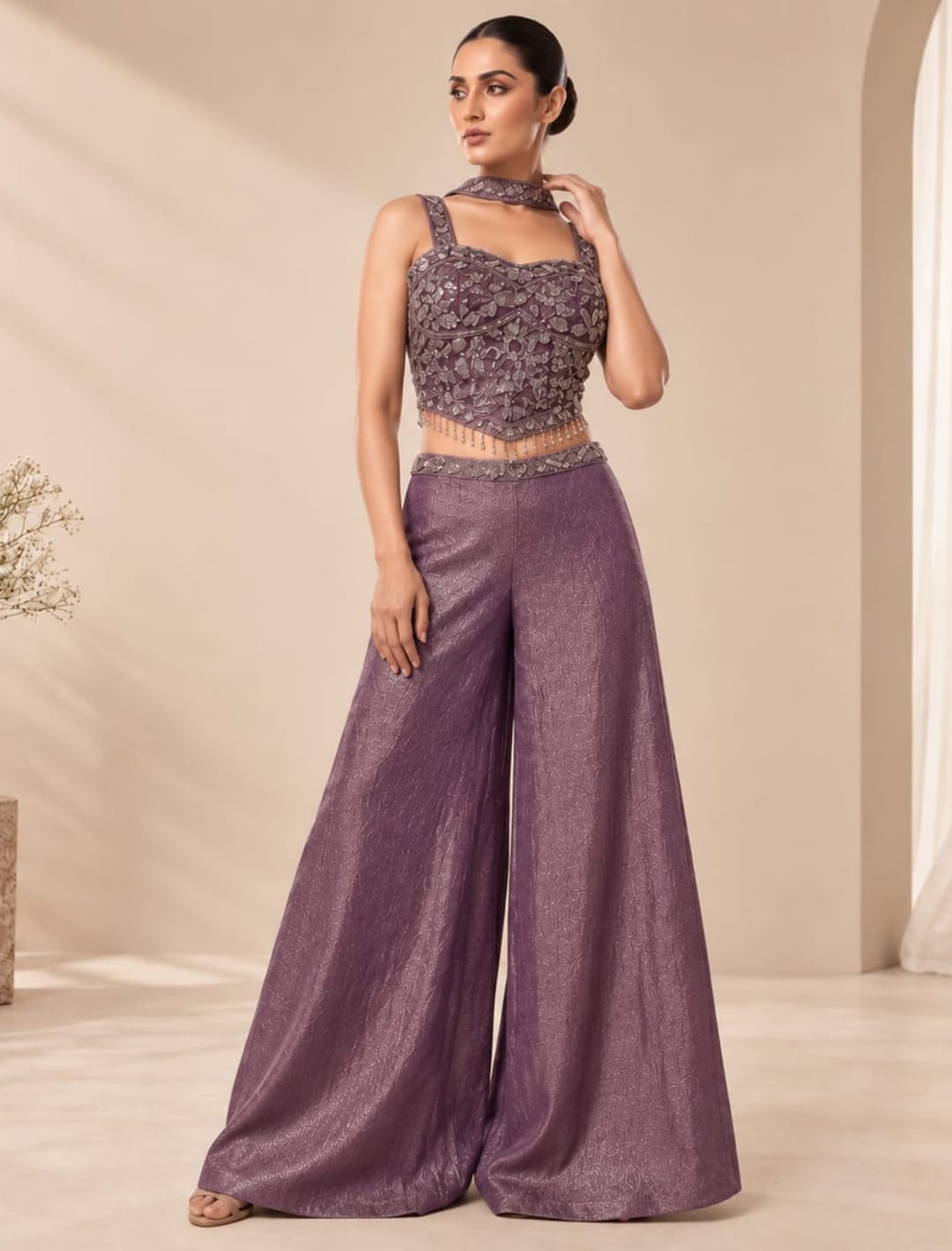 Embellished Crop Top Palazzo Set with Choker Drape