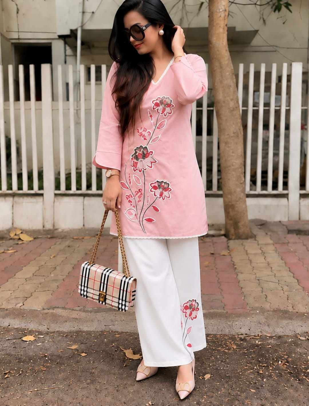 Floral Embroidered Kurta Palazzo Co-ord Set – Pink & Red