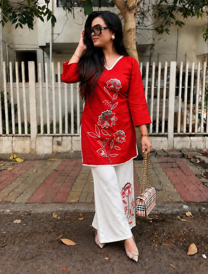 Floral Embroidered Kurta Palazzo Co-ord Set – Pink & Red