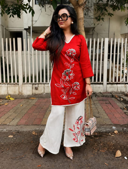 Floral Embroidered Kurta Palazzo Co-ord Set – Pink & Red