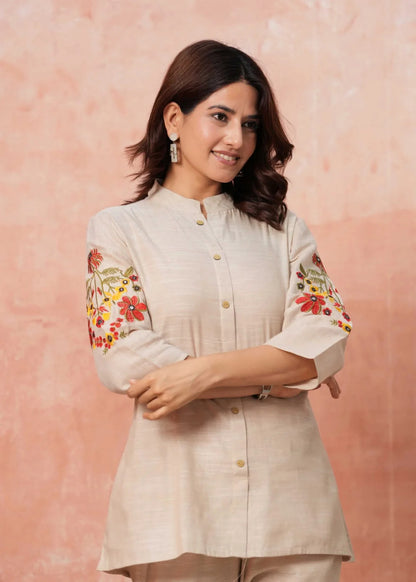 Women Floral Embroidered Pure Cotton Tunic with Trousers