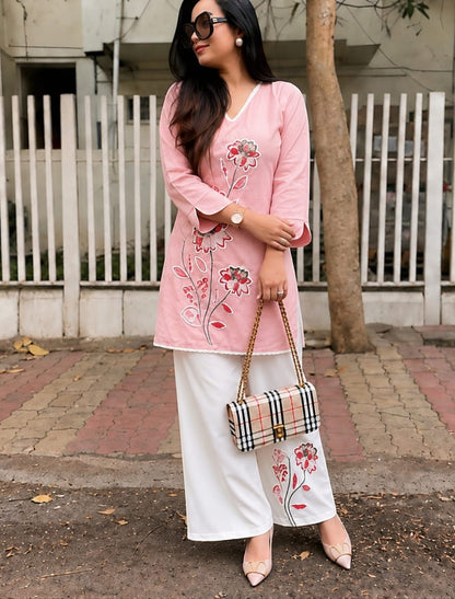 Floral Embroidered Kurta Palazzo Co-ord Set – Pink & Red