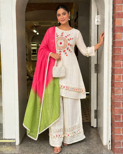 Ivory Embroidered Cotton Blend Kurta Palazzo Set with Ombre Dupatta