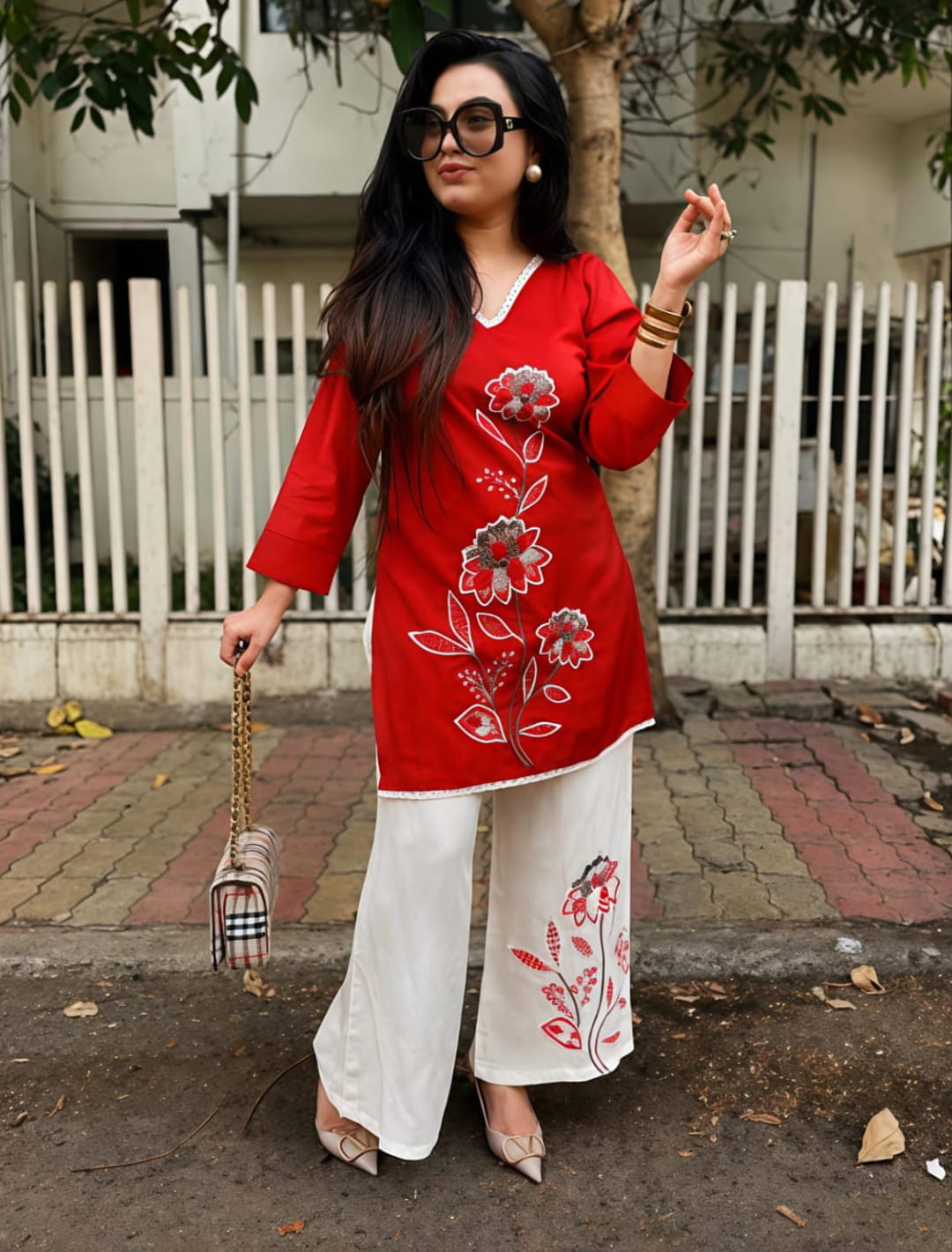 Floral Embroidered Kurta Palazzo Co-ord Set – Pink & Red