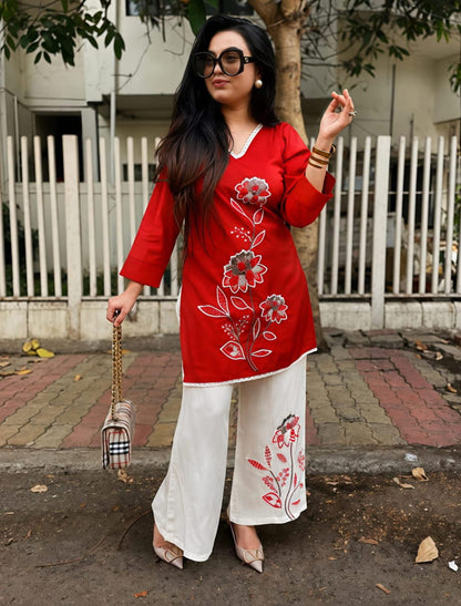 Floral Embroidered Kurta Palazzo Co-ord Set – Pink & Red