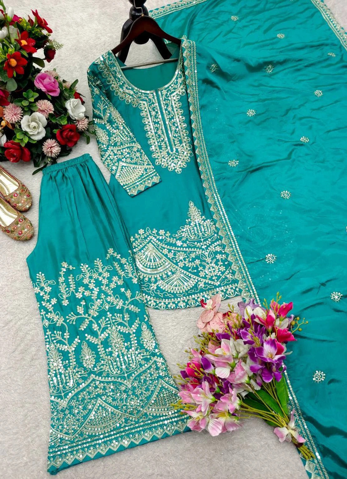 Women Embroidered Chinon Silk Kurta with Palazzo & Dupatta