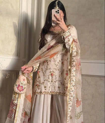 Women's Premium Chinon Embroidered Palazzo Suit Set