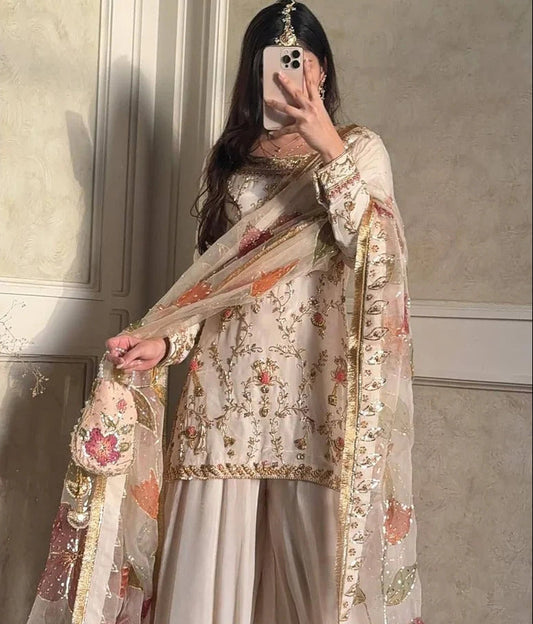 Women's Premium Chinon Embroidered Palazzo Suit Set