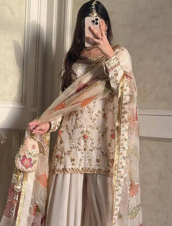 Women's Premium Chinon Embroidered Palazzo Suit Set