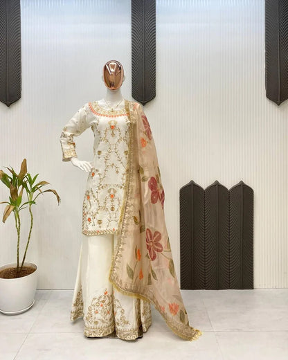 Women's Premium Chinon Embroidered Palazzo Suit Set