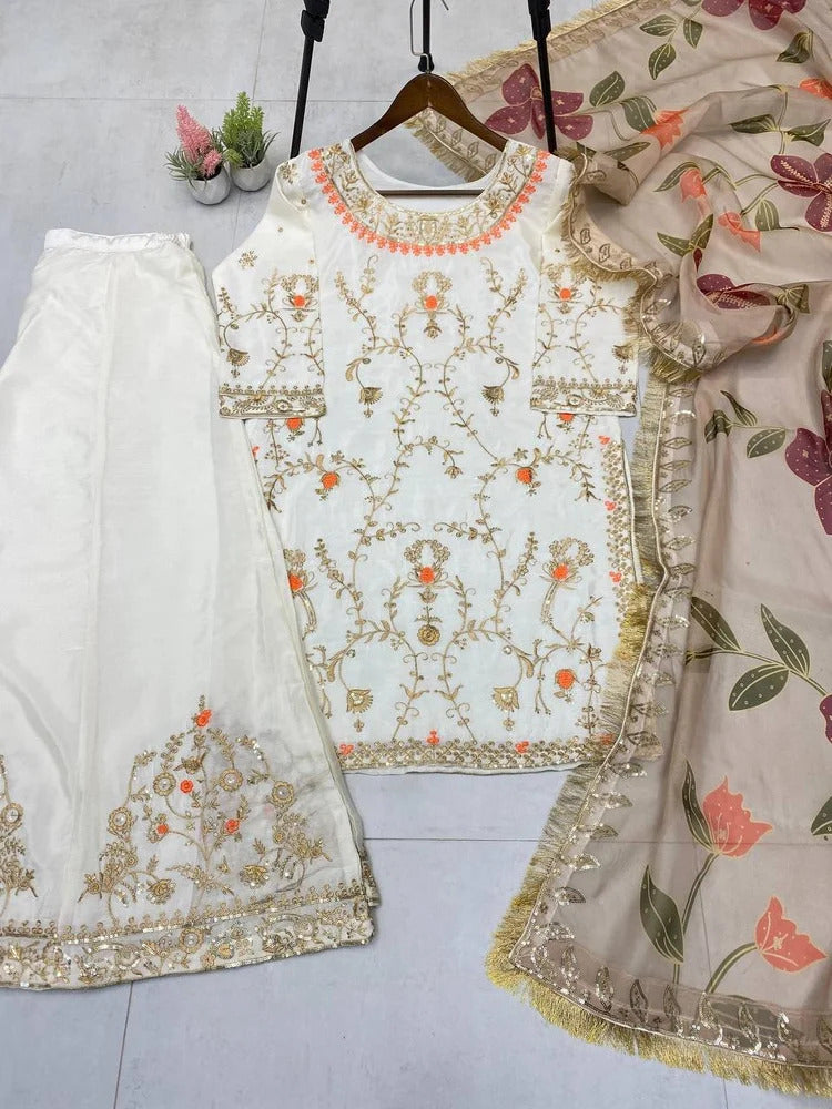 Women's Premium Chinon Embroidered Palazzo Suit Set