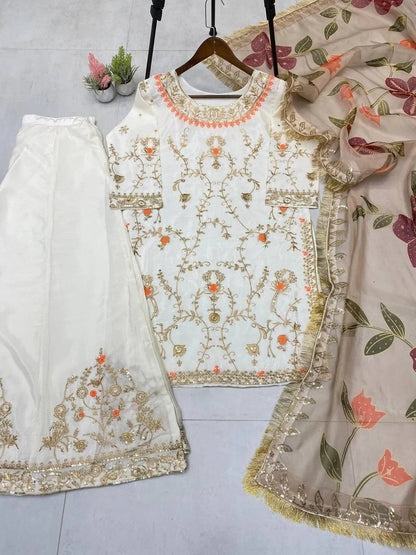Women's Premium Chinon Embroidered Palazzo Suit Set
