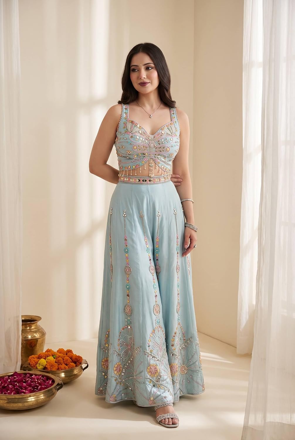 Pastel Blue Embroidered Roman Silk Palazzo Set with Dupatta