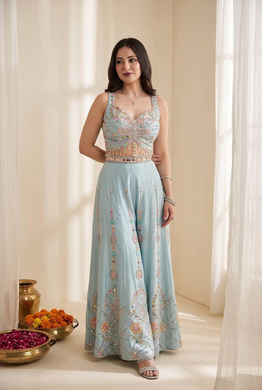 Pastel Blue Embroidered Roman Silk Palazzo Set with Dupatta