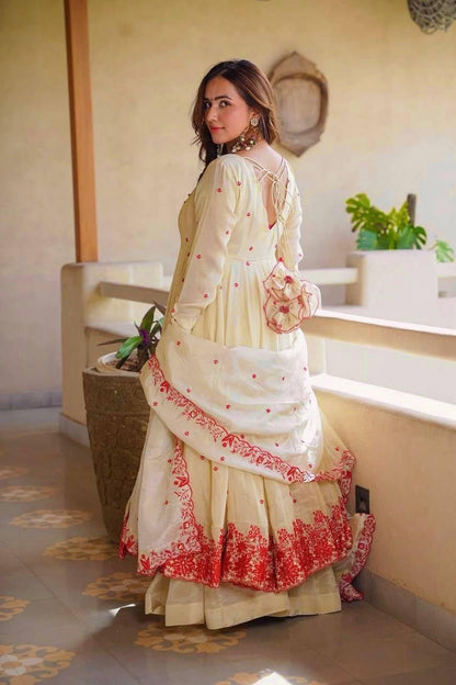 Women Embroidered Art Silk Anarkali with Palazzo & Dupatta