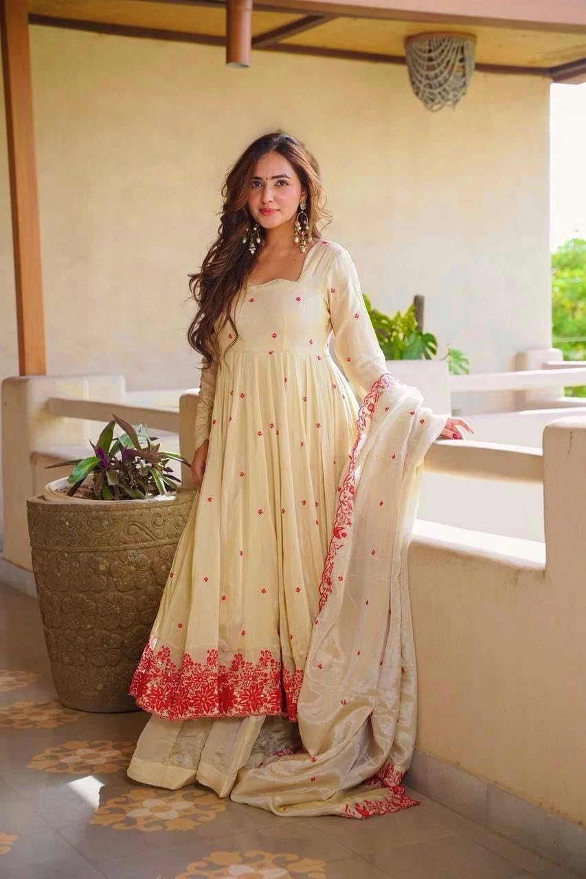 Women Embroidered Art Silk Anarkali with Palazzo & Dupatta