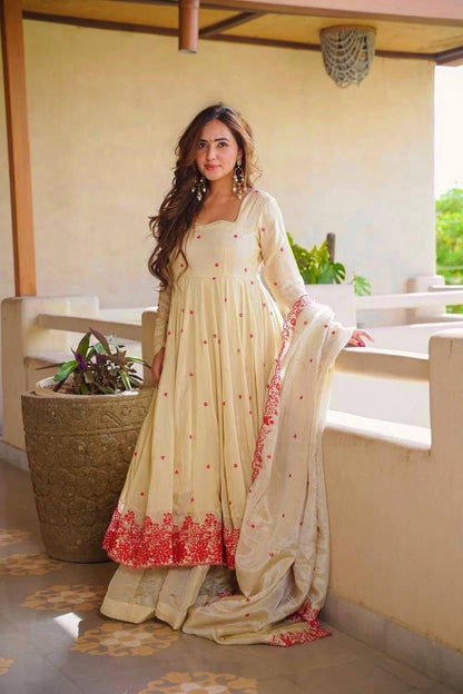 Women Embroidered Art Silk Anarkali with Palazzo & Dupatta