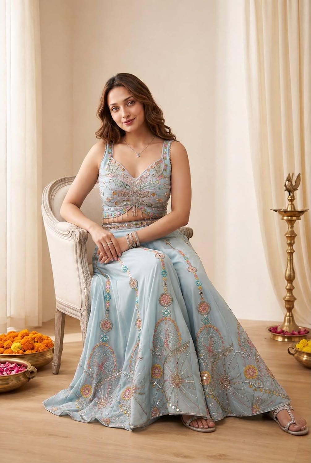 Pastel Blue Embroidered Roman Silk Palazzo Set with Dupatta