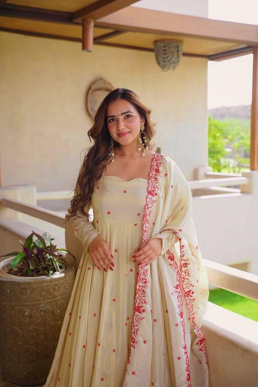 Women Embroidered Art Silk Anarkali with Palazzo & Dupatta