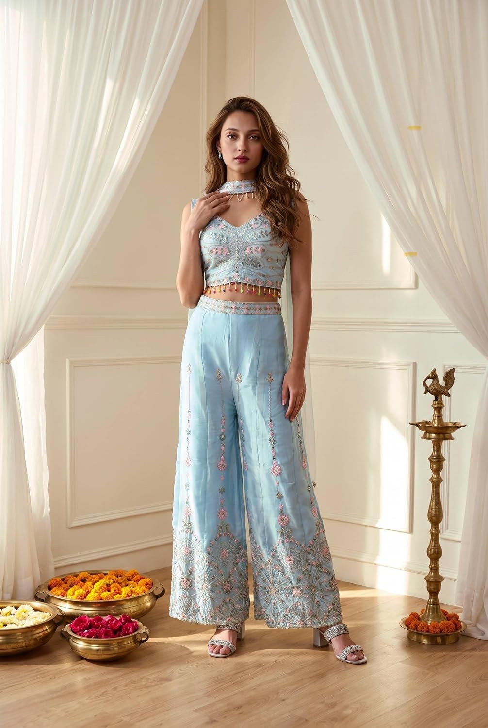 Pastel Blue Embroidered Roman Silk Palazzo Set with Dupatta