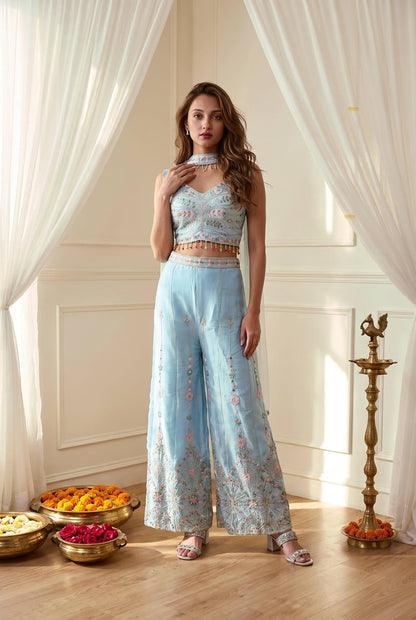 Pastel Blue Embroidered Roman Silk Palazzo Set with Dupatta