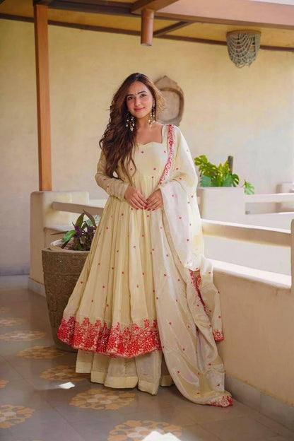 Women Embroidered Art Silk Anarkali with Palazzo & Dupatta