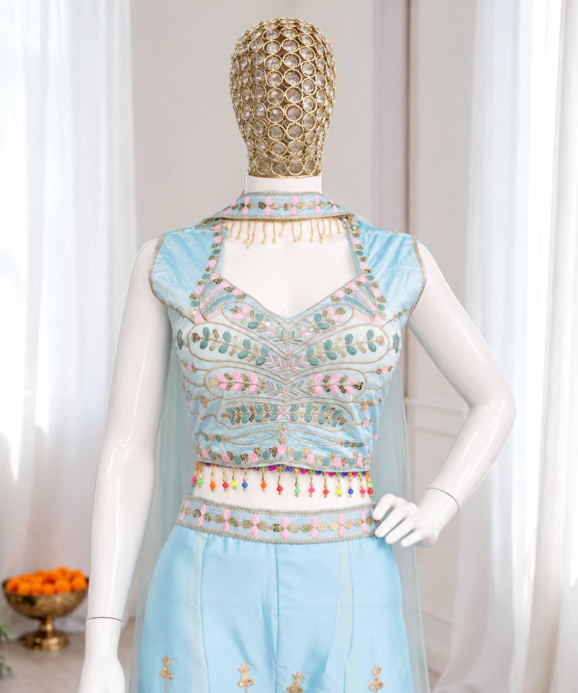 Pastel Blue Embroidered Roman Silk Palazzo Set with Dupatta