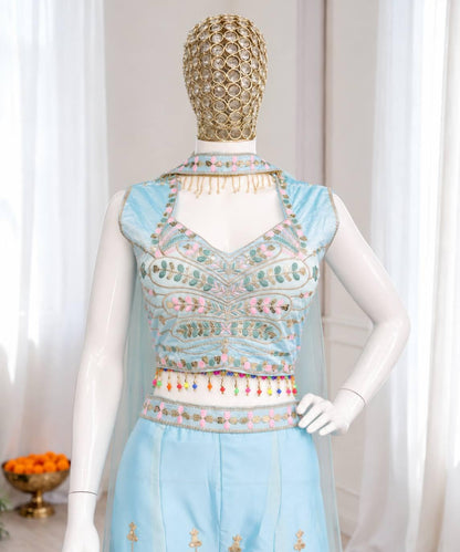 Pastel Blue Embroidered Roman Silk Palazzo Set with Dupatta