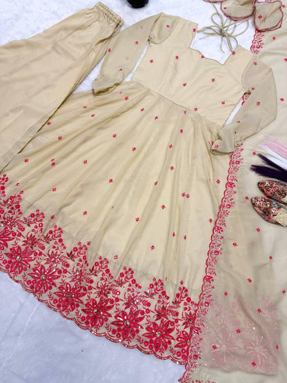 Women Embroidered Art Silk Anarkali with Palazzo & Dupatta