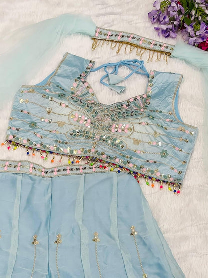 Pastel Blue Embroidered Roman Silk Palazzo Set with Dupatta