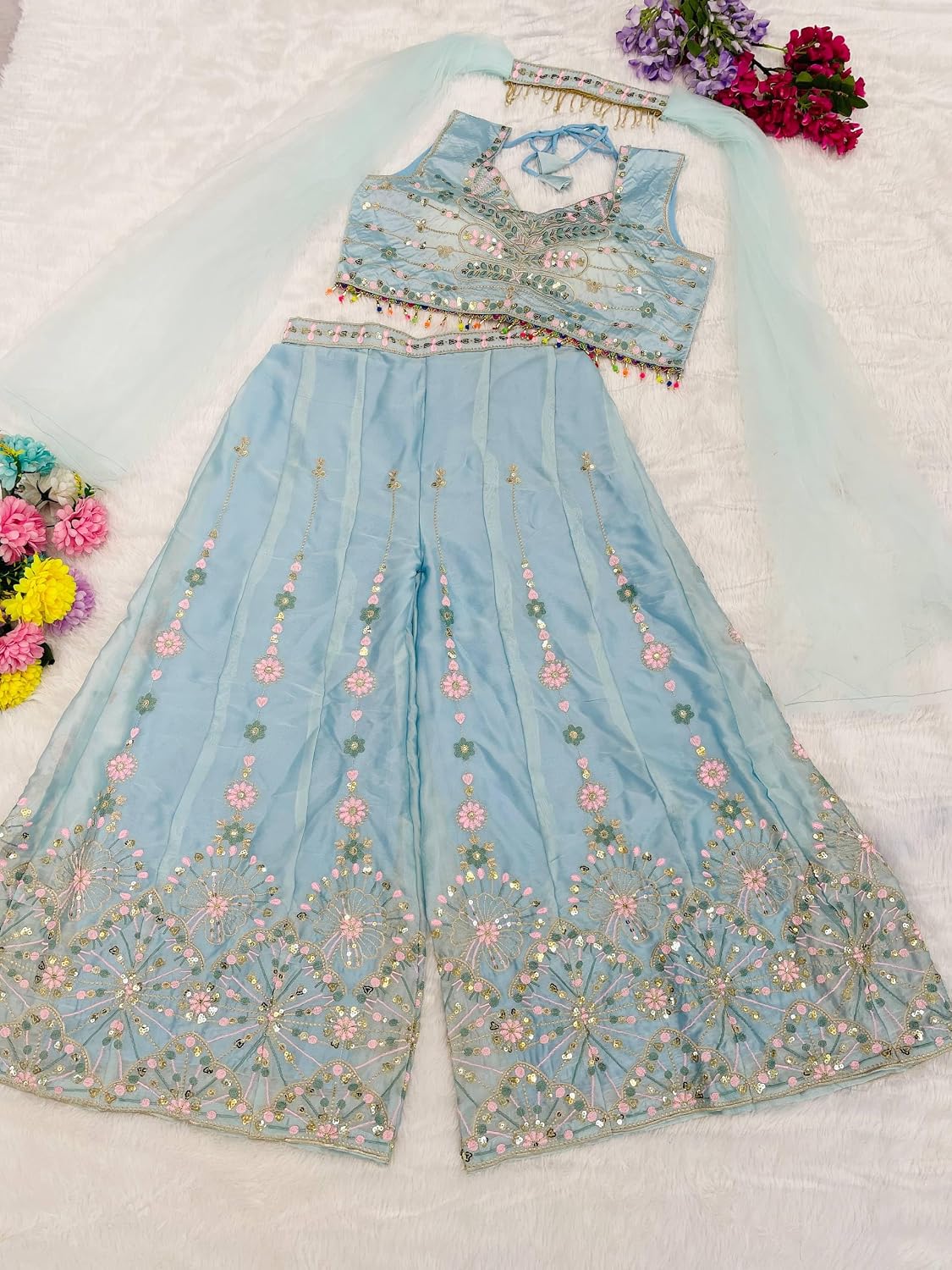 Pastel Blue Embroidered Roman Silk Palazzo Set with Dupatta