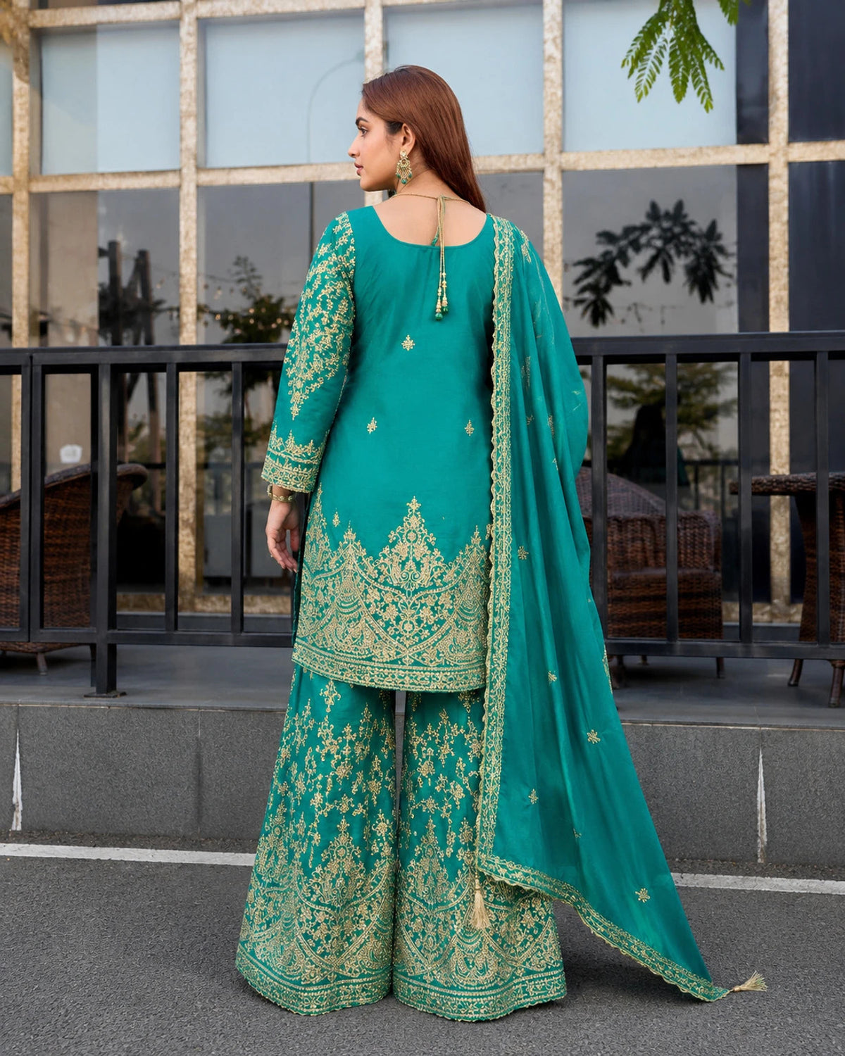 Women Embroidered Chinon Silk Kurta with Palazzo & Dupatta